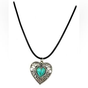 Silver Turquoise Heart Pendant Necklace Boho Filigree Choker Leather